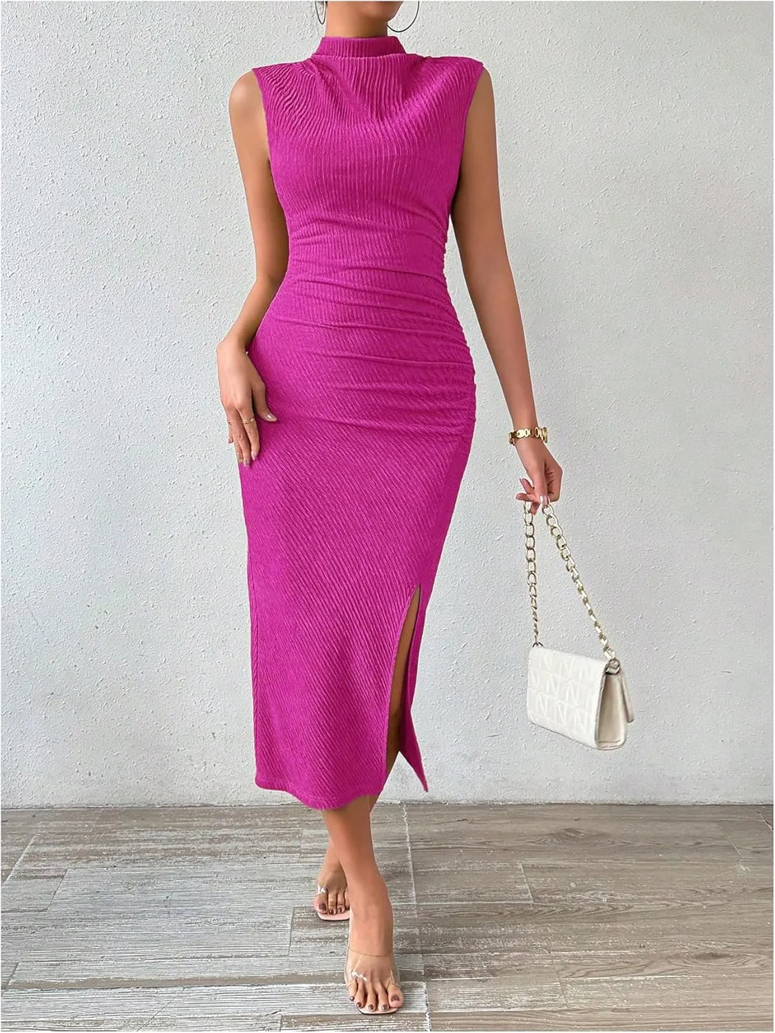 Milumia Women's Mock Neck Side Slit Bodycon Midi Dress Draped Ruched Front Long Tank Dresses