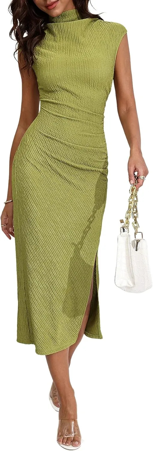 Milumia Women's Mock Neck Side Slit Bodycon Midi Dress Draped Ruched Front Long Tank Dresses