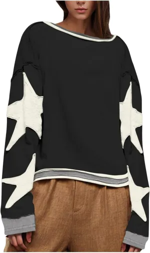 NaRHbrg Women Crewneck Oversized Sweatshirt Y2k Drop Shoulder Graphic Vintage Pullover Star Print Cute Tee Top for Teen Girls