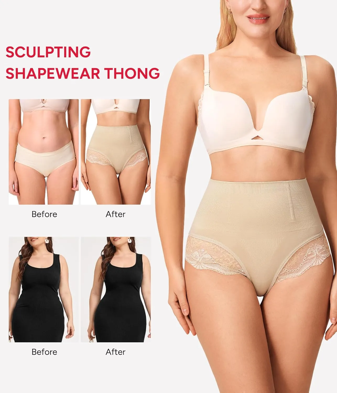 Nebility 2 Pack Tummy Control shapewear for Women Thong Underwear Panties Seamless Briefs Comfortable Stomach Butt Shaper