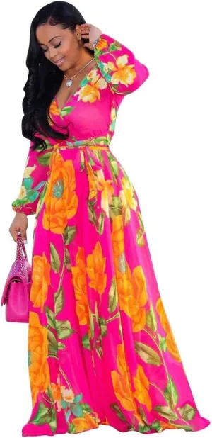Nuofengkudu Womens Chiffon Deep V-Neck Stripe Printed Maxi Dress Unique Loose Summer Boho Dresses High Waiste(S-5XL)