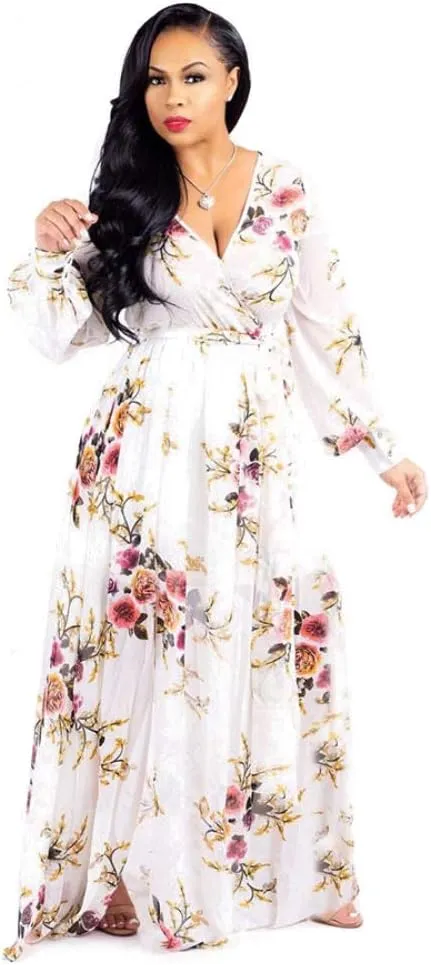 Nuofengkudu Womens Chiffon Deep V-Neck Stripe Printed Maxi Dress Unique Loose Summer Boho Dresses High Waiste(S-5XL)