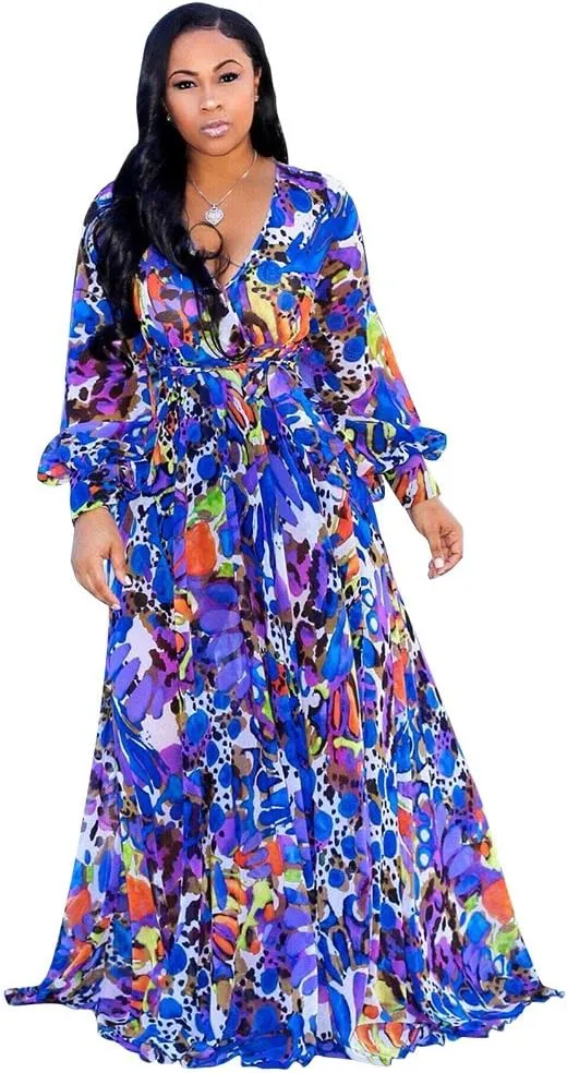 Nuofengkudu Womens Chiffon Deep V-Neck Stripe Printed Maxi Dress Unique Loose Summer Boho Dresses High Waiste(S-5XL)