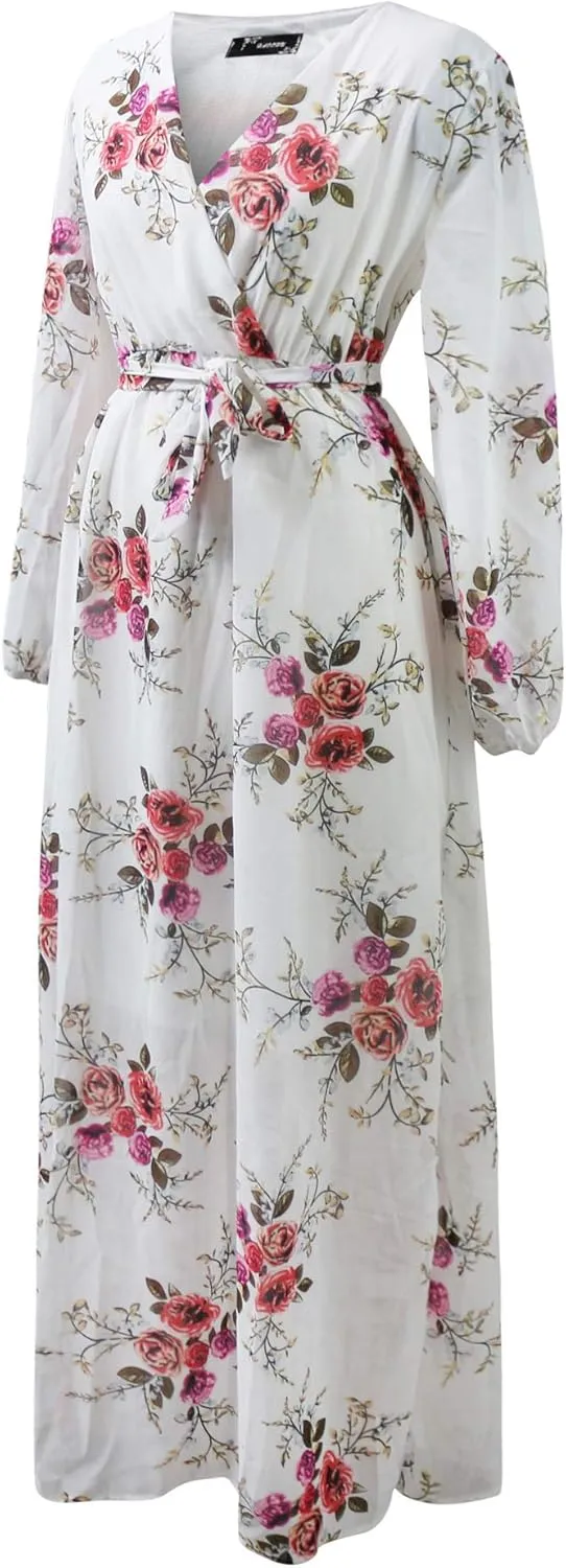Nuofengkudu Womens Chiffon Deep V-Neck Stripe Printed Maxi Dress Unique Loose Summer Boho Dresses High Waiste(S-5XL)