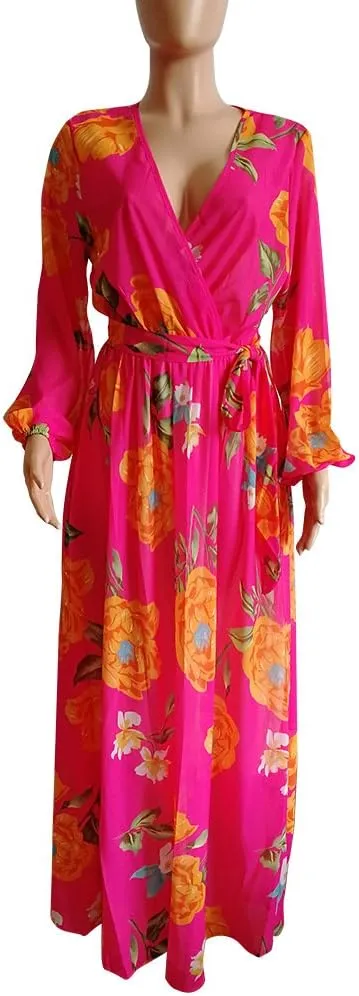 Nuofengkudu Womens Chiffon Deep V-Neck Stripe Printed Maxi Dress Unique Loose Summer Boho Dresses High Waiste(S-5XL)