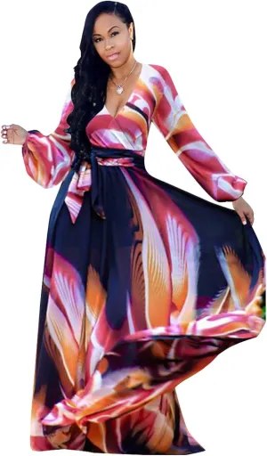 Nuofengkudu Womens Chiffon Deep V-Neck Stripe Printed Maxi Dress Unique Loose Summer Boho Dresses High Waiste(S-5XL)