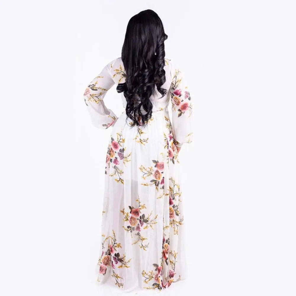 Nuofengkudu Womens Chiffon Deep V-Neck Stripe Printed Maxi Dress Unique Loose Summer Boho Dresses High Waiste(S-5XL)