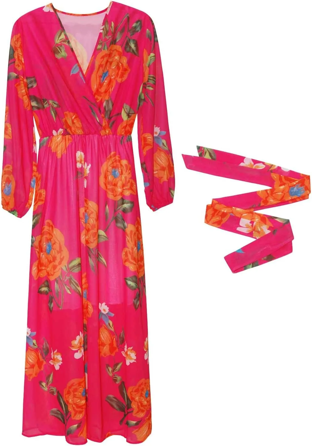 Nuofengkudu Womens Chiffon Deep V-Neck Stripe Printed Maxi Dress Unique Loose Summer Boho Dresses High Waiste(S-5XL)