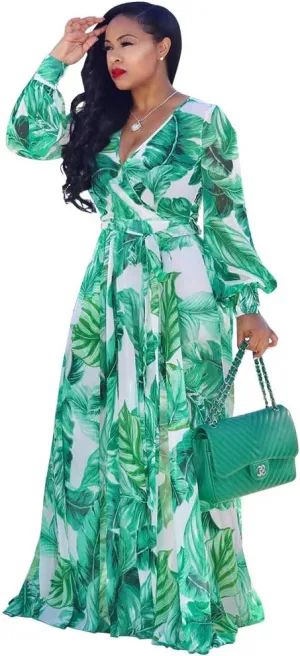Nuofengkudu Womens Chiffon Deep V-Neck Stripe Printed Maxi Dress Unique Loose Summer Boho Dresses High Waiste(S-5XL)