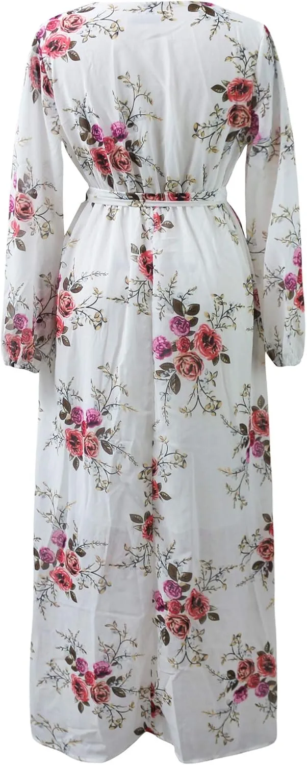 Nuofengkudu Womens Chiffon Deep V-Neck Stripe Printed Maxi Dress Unique Loose Summer Boho Dresses High Waiste(S-5XL)