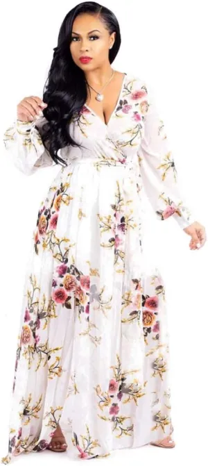 Nuofengkudu Womens Chiffon Deep V-Neck Stripe Printed Maxi Dress Unique Loose Summer Boho Dresses High Waiste(S-5XL)