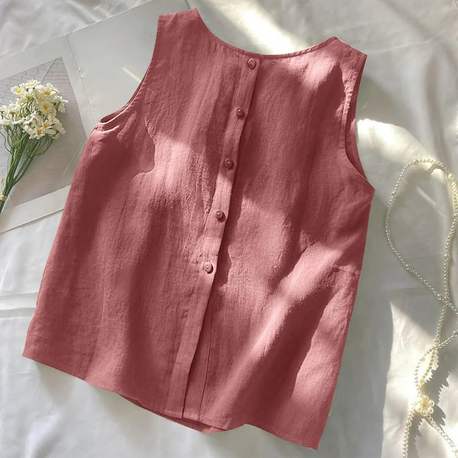 Oplxuo Women's Cotton Linen Tank Tops Summer Casual Sleeveless Round Neck Blouse Loose Fit Tees Shirts
