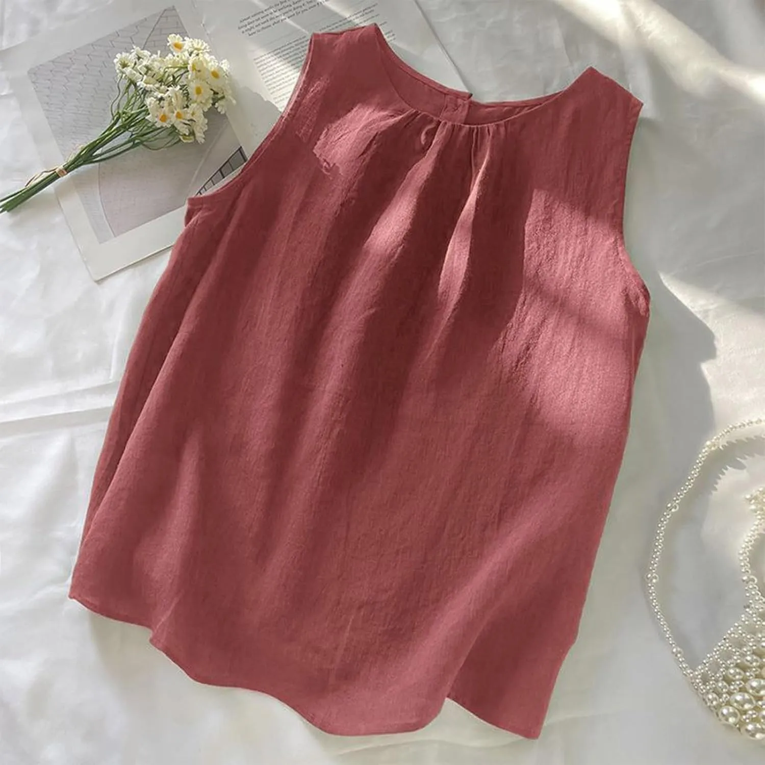 Oplxuo Women's Cotton Linen Tank Tops Summer Casual Sleeveless Round Neck Blouse Loose Fit Tees Shirts