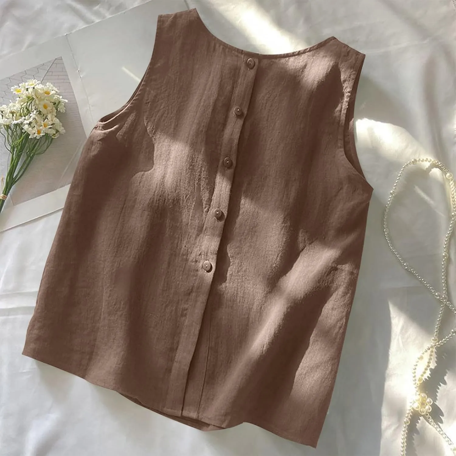 Oplxuo Women's Cotton Linen Tank Tops Summer Casual Sleeveless Round Neck Blouse Loose Fit Tees Shirts