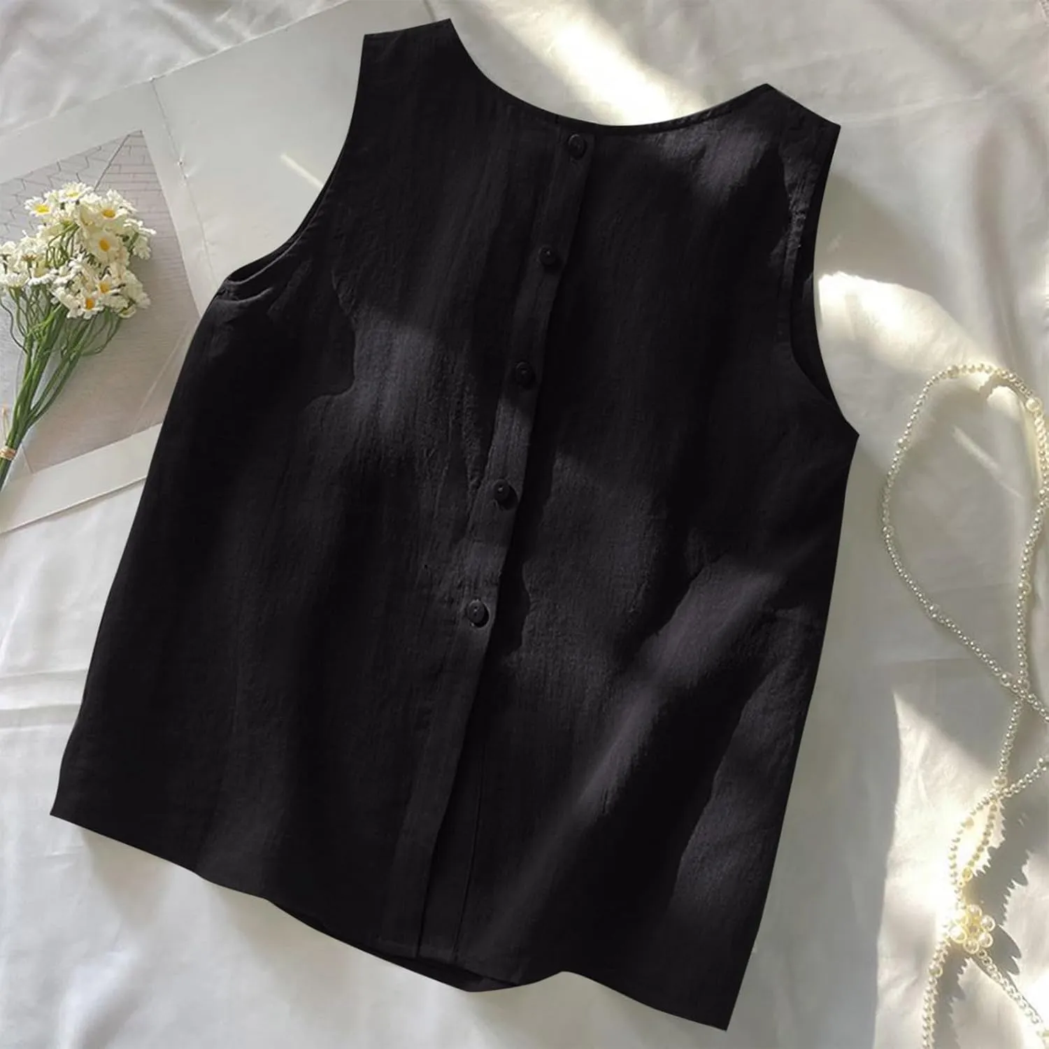 Oplxuo Women's Cotton Linen Tank Tops Summer Casual Sleeveless Round Neck Blouse Loose Fit Tees Shirts