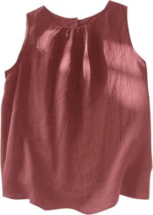 Oplxuo Women's Cotton Linen Tank Tops Summer Casual Sleeveless Round Neck Blouse Loose Fit Tees Shirts