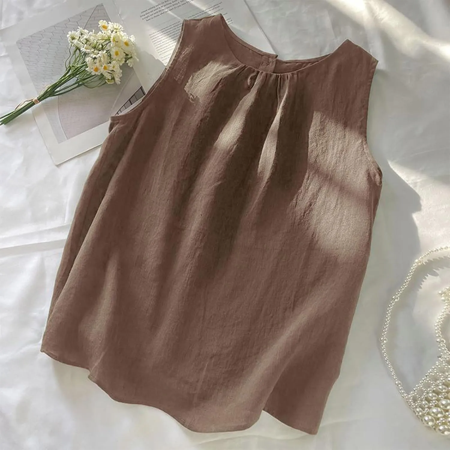 Oplxuo Women's Cotton Linen Tank Tops Summer Casual Sleeveless Round Neck Blouse Loose Fit Tees Shirts