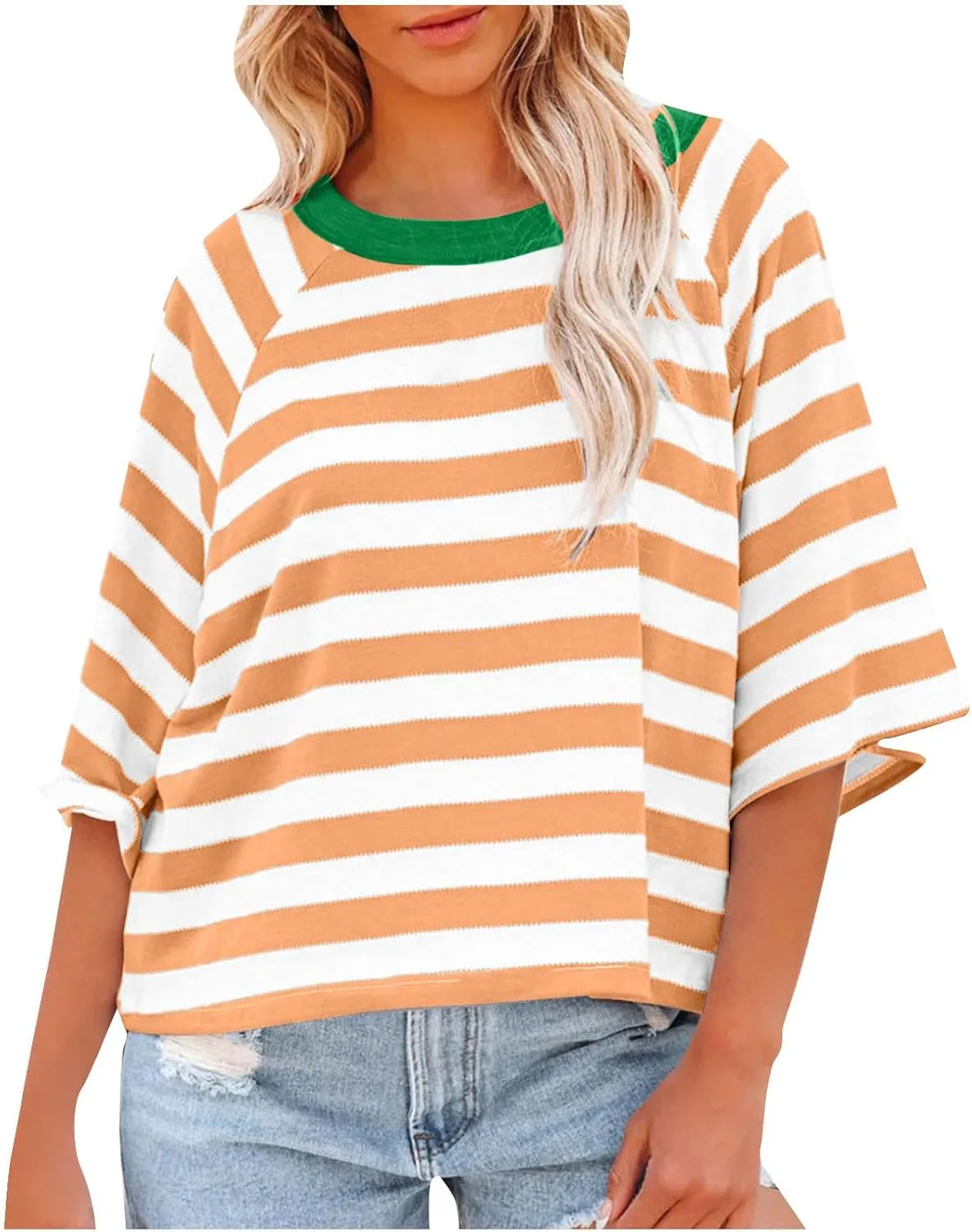 Oversized Tshirts for Women 2024 Summer Half Sleeve Tops Trendy Striped Womens Blouses Crewneck Loose Fit Tees