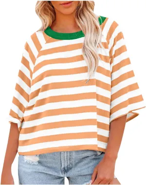 Oversized Tshirts for Women 2024 Summer Half Sleeve Tops Trendy Striped Womens Blouses Crewneck Loose Fit Tees