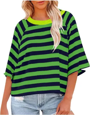 Oversized Tshirts for Women 2024 Summer Half Sleeve Tops Trendy Striped Womens Blouses Crewneck Loose Fit Tees