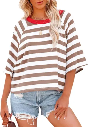 Oversized Tshirts for Women 2024 Summer Half Sleeve Tops Trendy Striped Womens Blouses Crewneck Loose Fit Tees