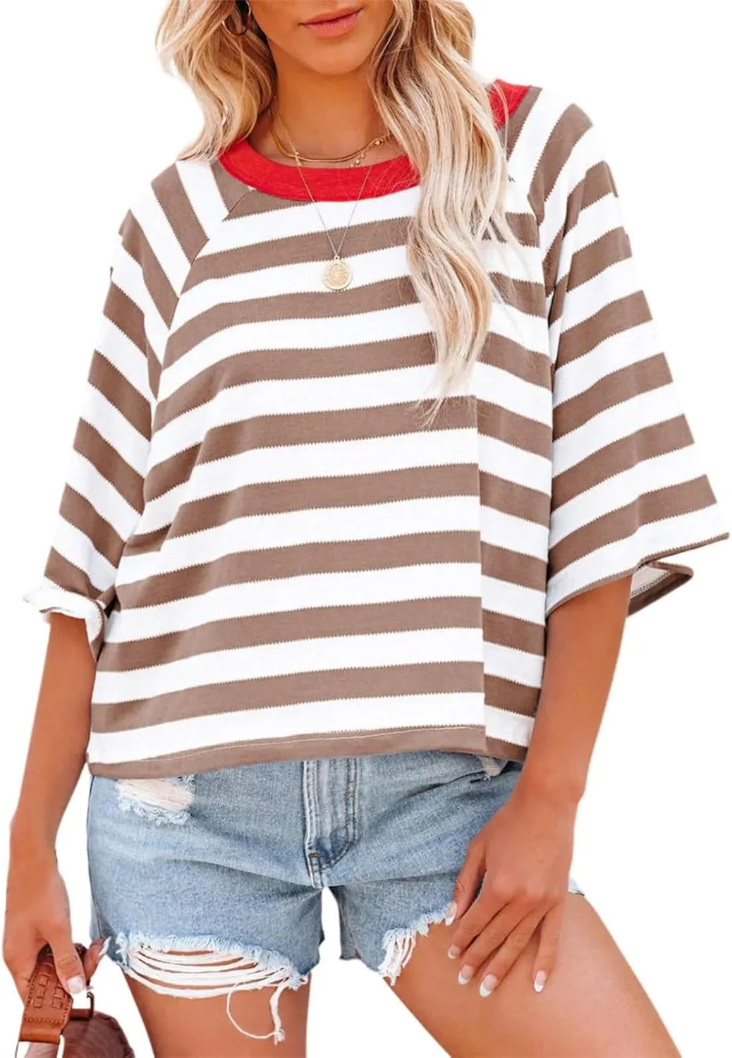 Oversized Tshirts for Women 2024 Summer Half Sleeve Tops Trendy Striped Womens Blouses Crewneck Loose Fit Tees