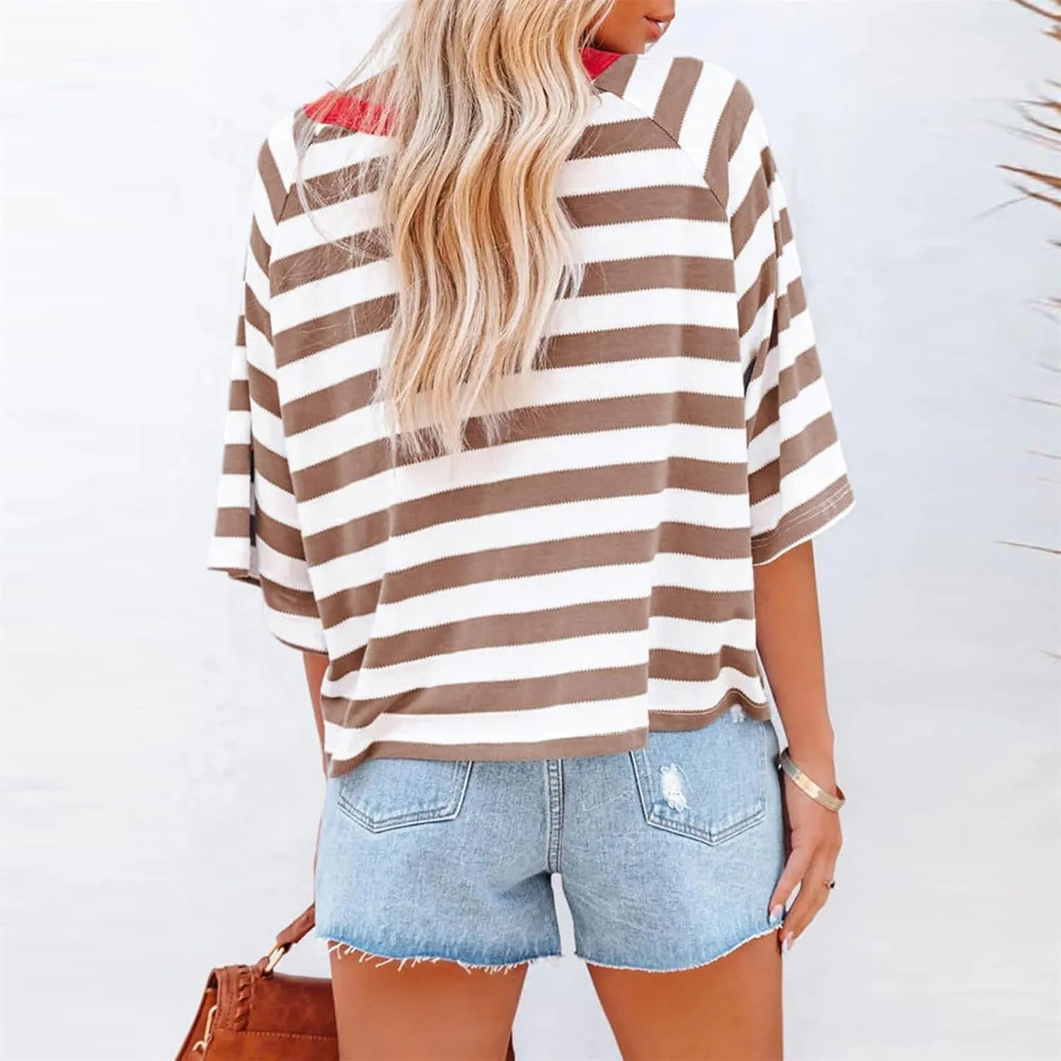 Oversized Tshirts for Women 2024 Summer Half Sleeve Tops Trendy Striped Womens Blouses Crewneck Loose Fit Tees