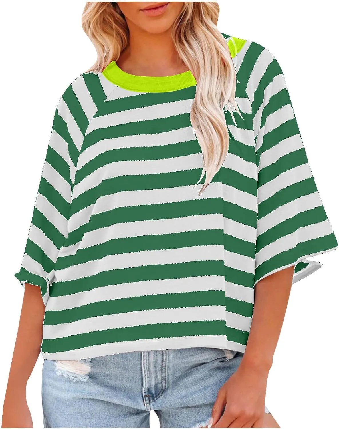 Oversized Tshirts for Women 2024 Summer Half Sleeve Tops Trendy Striped Womens Blouses Crewneck Loose Fit Tees