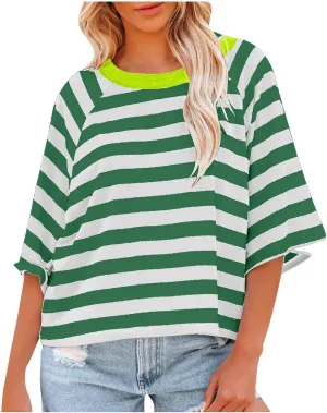 Oversized Tshirts for Women 2024 Summer Half Sleeve Tops Trendy Striped Womens Blouses Crewneck Loose Fit Tees