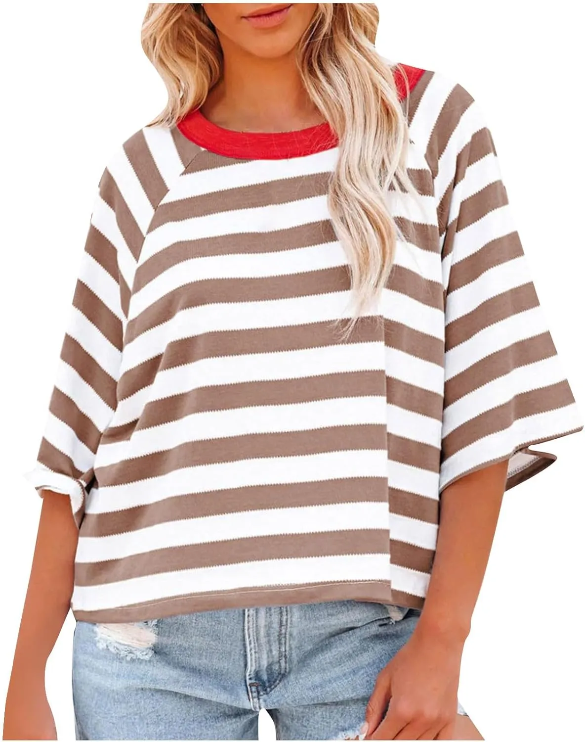 Oversized Tshirts for Women 2024 Summer Half Sleeve Tops Trendy Striped Womens Blouses Crewneck Loose Fit Tees