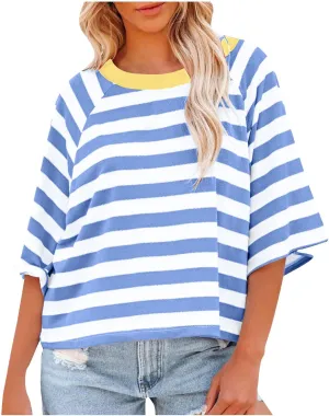 Oversized Tshirts for Women 2024 Summer Half Sleeve Tops Trendy Striped Womens Blouses Crewneck Loose Fit Tees