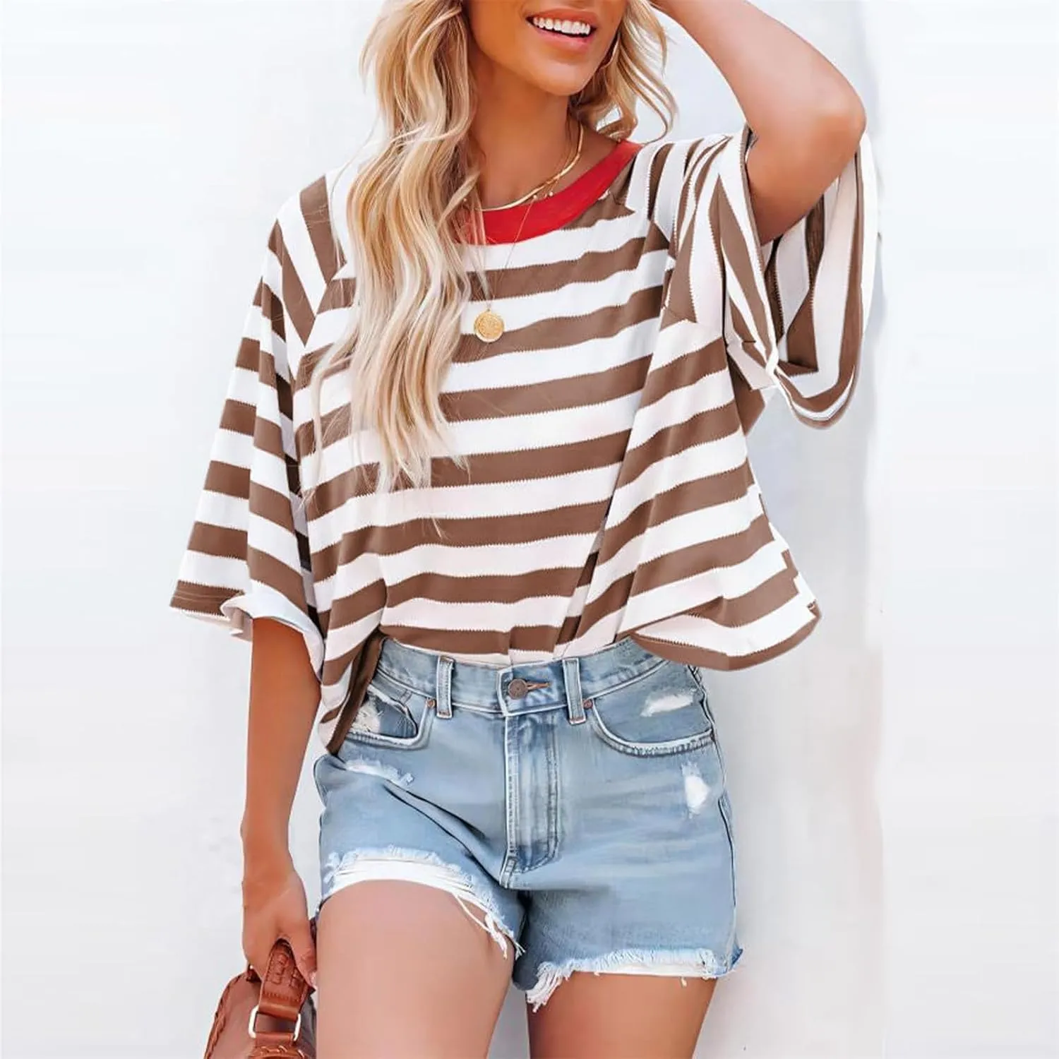 Oversized Tshirts for Women 2024 Summer Half Sleeve Tops Trendy Striped Womens Blouses Crewneck Loose Fit Tees