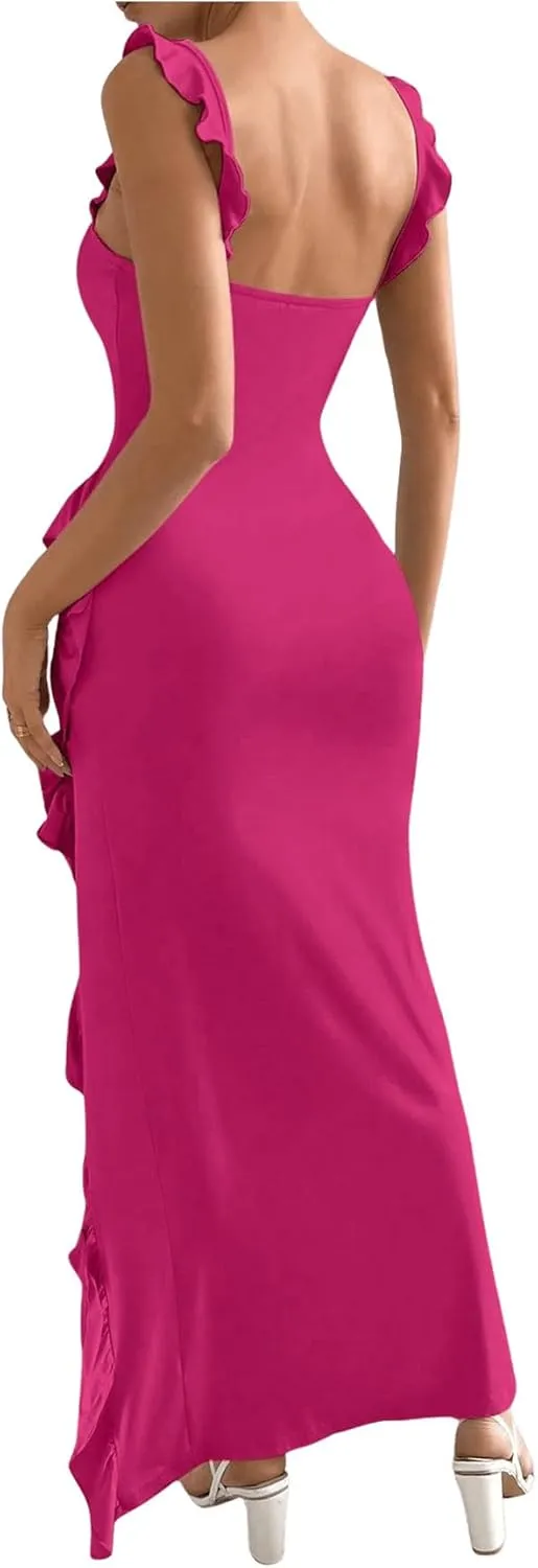 OYOANGLE Women's Square Neck Sleeveless Irregular Ruffle Trim Split Thigh Dress Solid Maxi Tank Dresses
