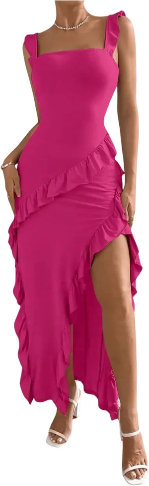 OYOANGLE Women's Square Neck Sleeveless Irregular Ruffle Trim Split Thigh Dress Solid Maxi Tank Dresses