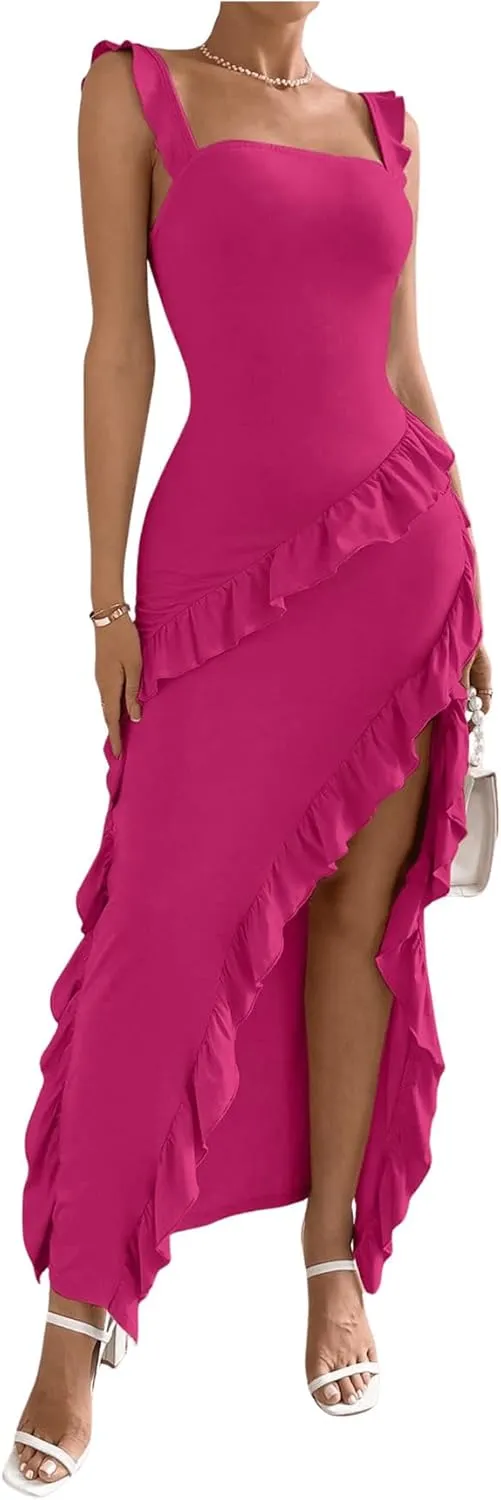 OYOANGLE Women's Square Neck Sleeveless Irregular Ruffle Trim Split Thigh Dress Solid Maxi Tank Dresses