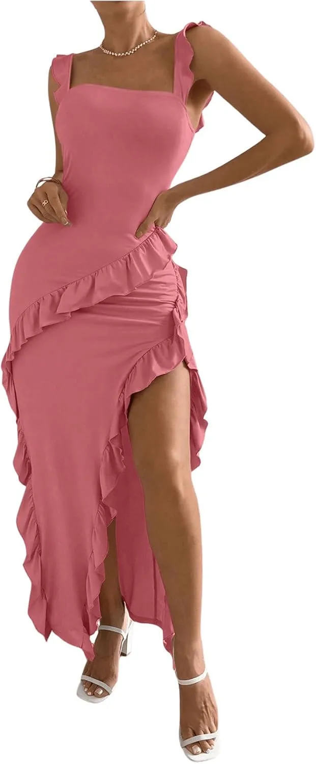 OYOANGLE Women's Square Neck Sleeveless Irregular Ruffle Trim Split Thigh Dress Solid Maxi Tank Dresses