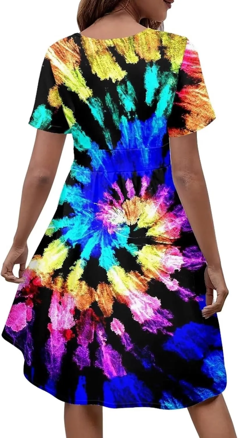 PinUp Angel Womens Summer Wrap V Neck Dresses with Pockets Beach Casual Tshirt Short Sleeve Tunic Flowy Sundresses