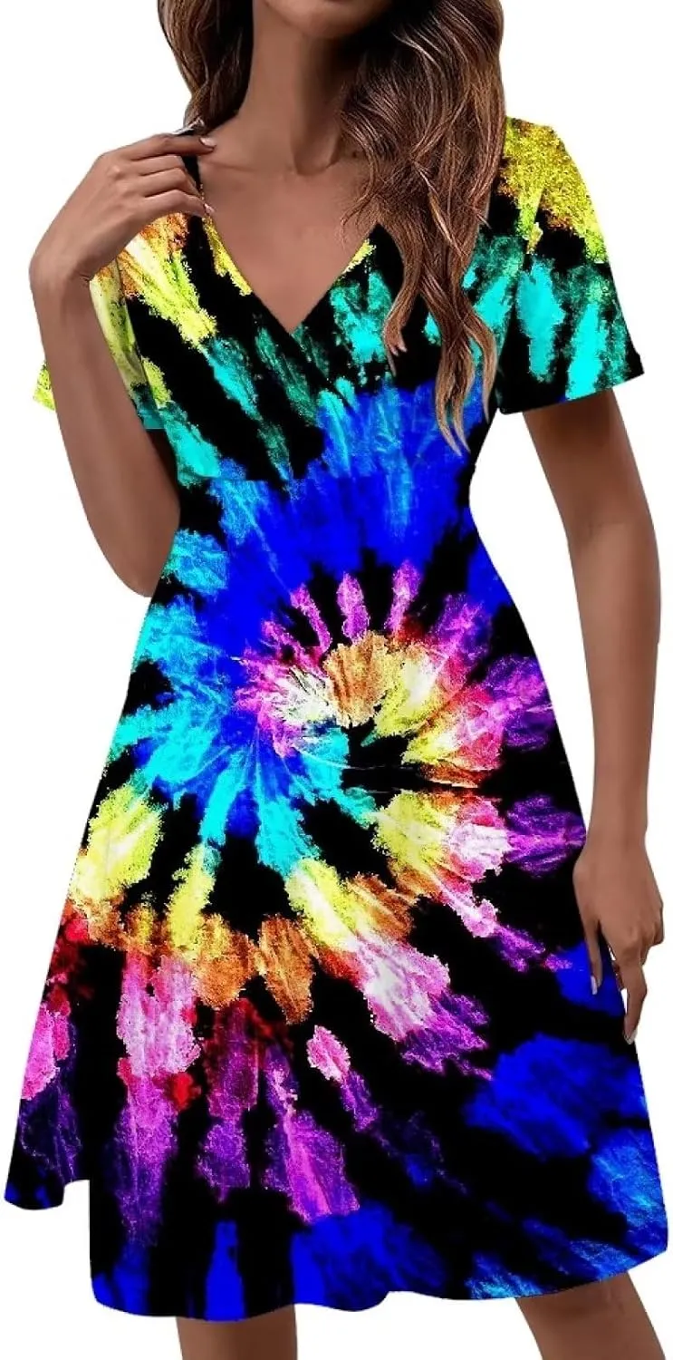 PinUp Angel Womens Summer Wrap V Neck Dresses with Pockets Beach Casual Tshirt Short Sleeve Tunic Flowy Sundresses