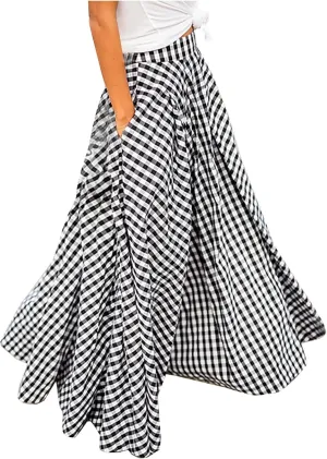 Plaid Maxi Skirts for Women Plus Size Midi Skirts Flowy Beach Skirt Long Summer Skirts Gingham Skirt A Line Skirts