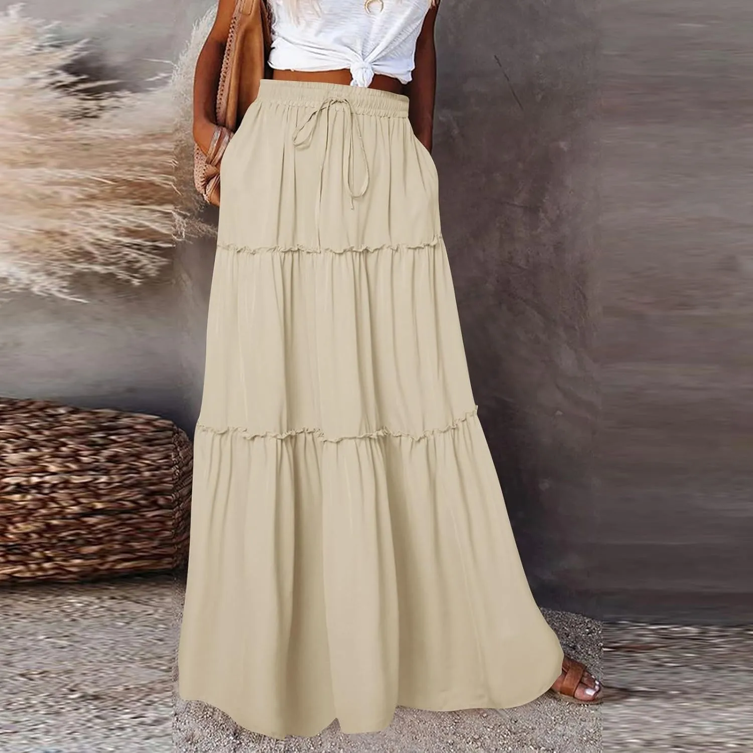 Pleated Maxi Skirts for Women Summer Drawstring High Waisted Aline Skirt Beach Tiered Long Beach Skirt with Pockets