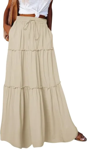 Pleated Maxi Skirts for Women Summer Drawstring High Waisted Aline Skirt Beach Tiered Long Beach Skirt with Pockets