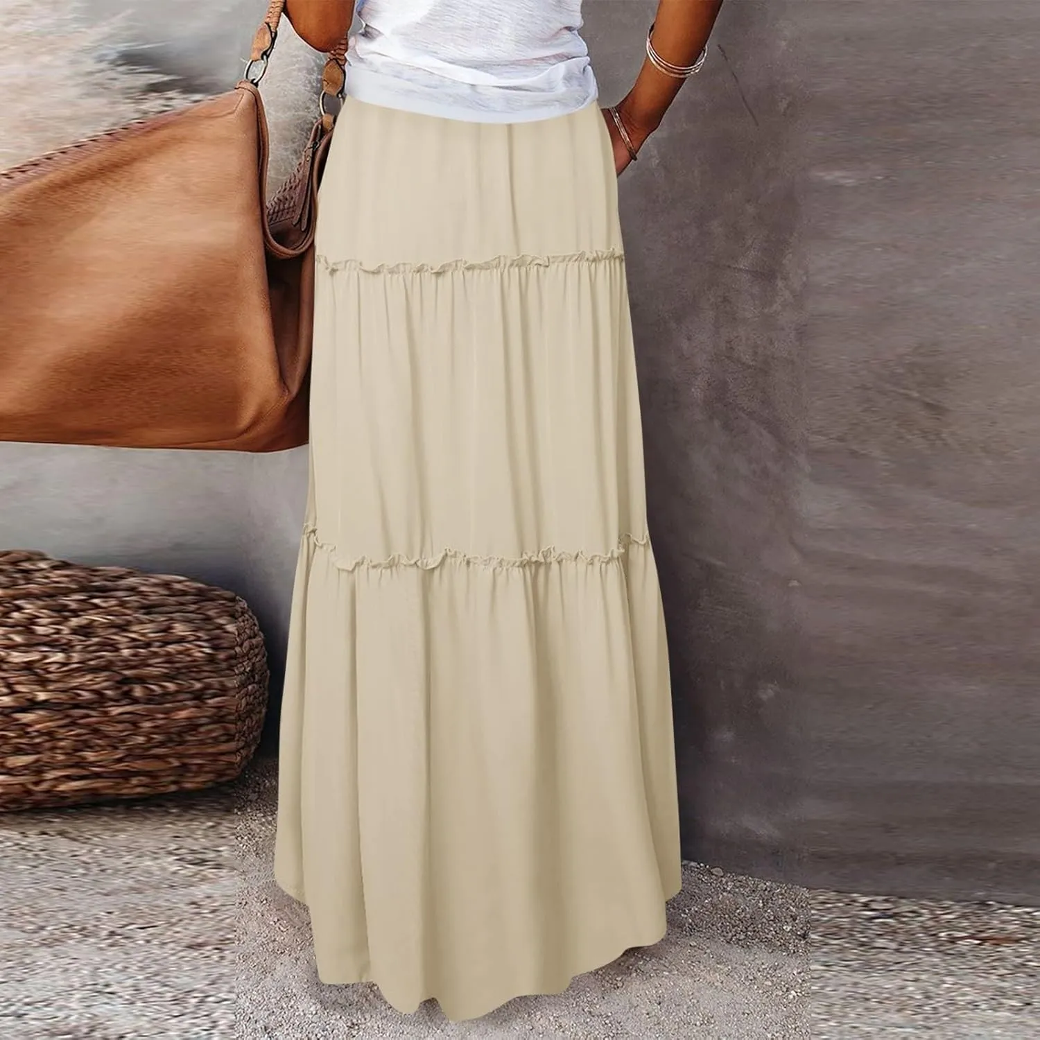 Pleated Maxi Skirts for Women Summer Drawstring High Waisted Aline Skirt Beach Tiered Long Beach Skirt with Pockets