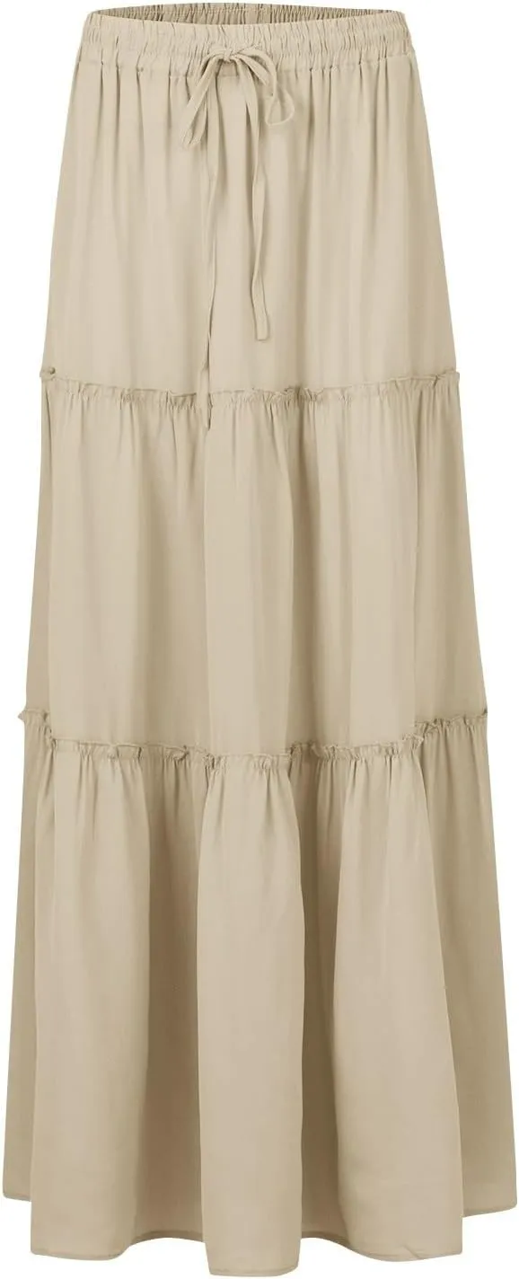 Pleated Maxi Skirts for Women Summer Drawstring High Waisted Aline Skirt Beach Tiered Long Beach Skirt with Pockets