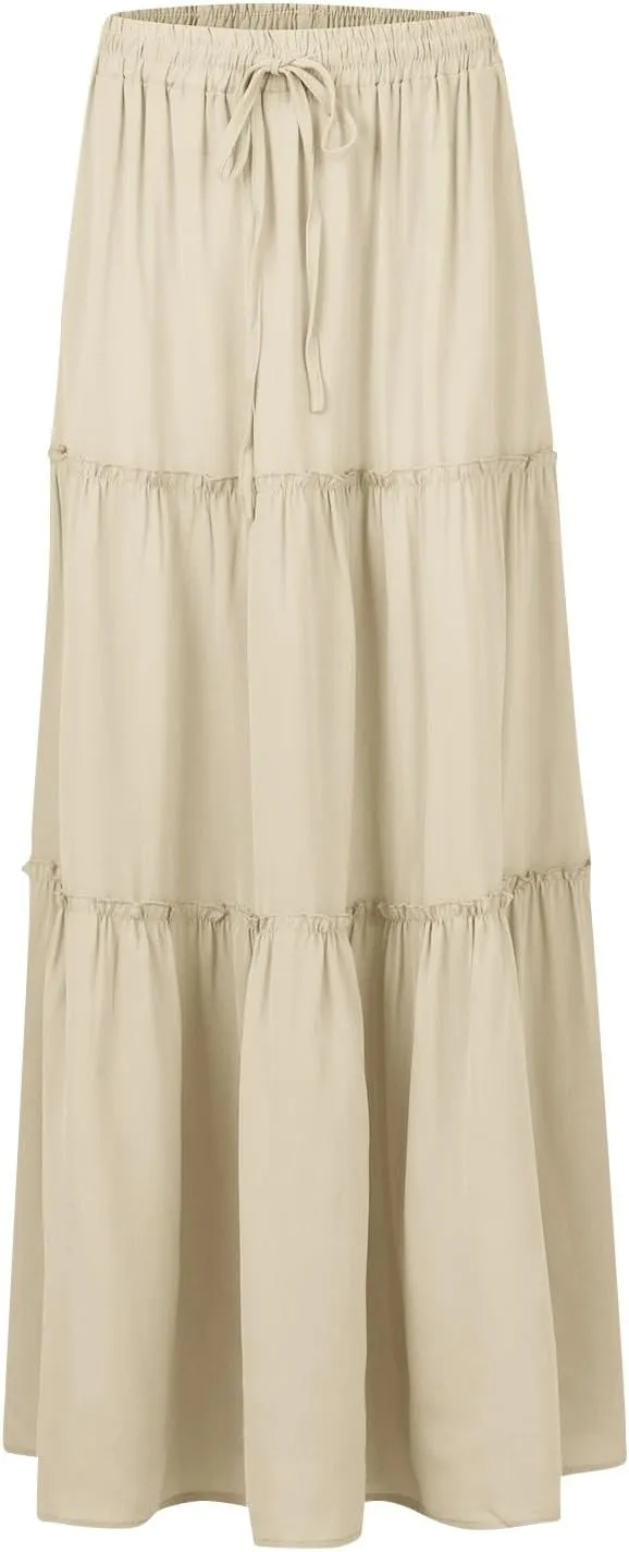 Pleated Maxi Skirts for Women Summer Drawstring High Waisted Aline Skirt Beach Tiered Long Beach Skirt with Pockets
