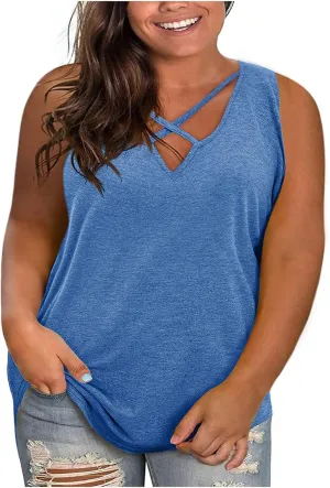 Plus Size Tank Tops for Women Criss Cross V Neck Sleeveless T-Shirts Business Casual Tunic Blouse Oversized Clothes