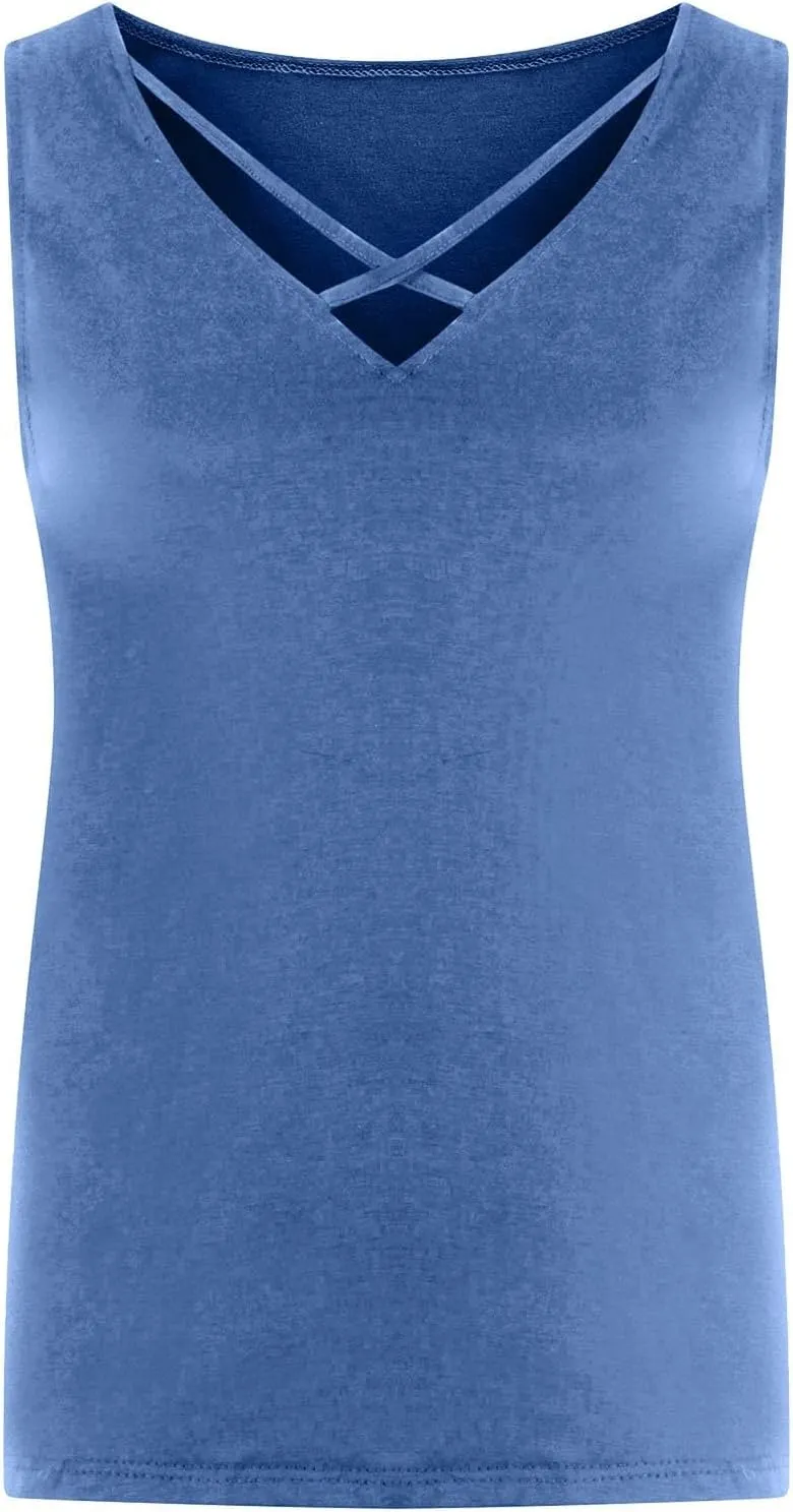 Plus Size Tank Tops for Women Criss Cross V Neck Sleeveless T-Shirts Business Casual Tunic Blouse Oversized Clothes