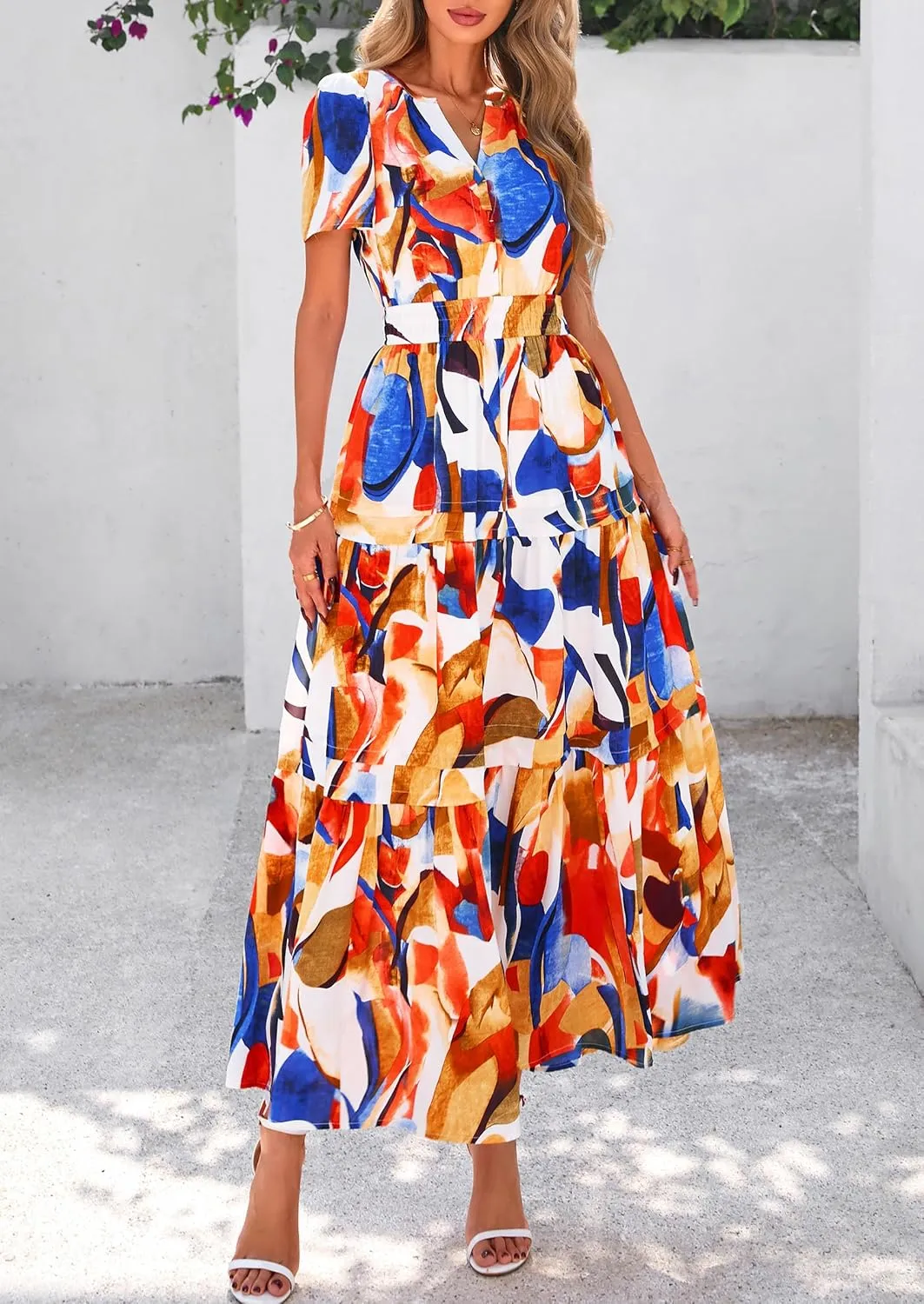 PRETTYGARDEN Women's 2025 Summer Boho Maxi Dresses Floral Short Sleeve V Neck A Line Tiered Flowy Long Beach Vacation Dress