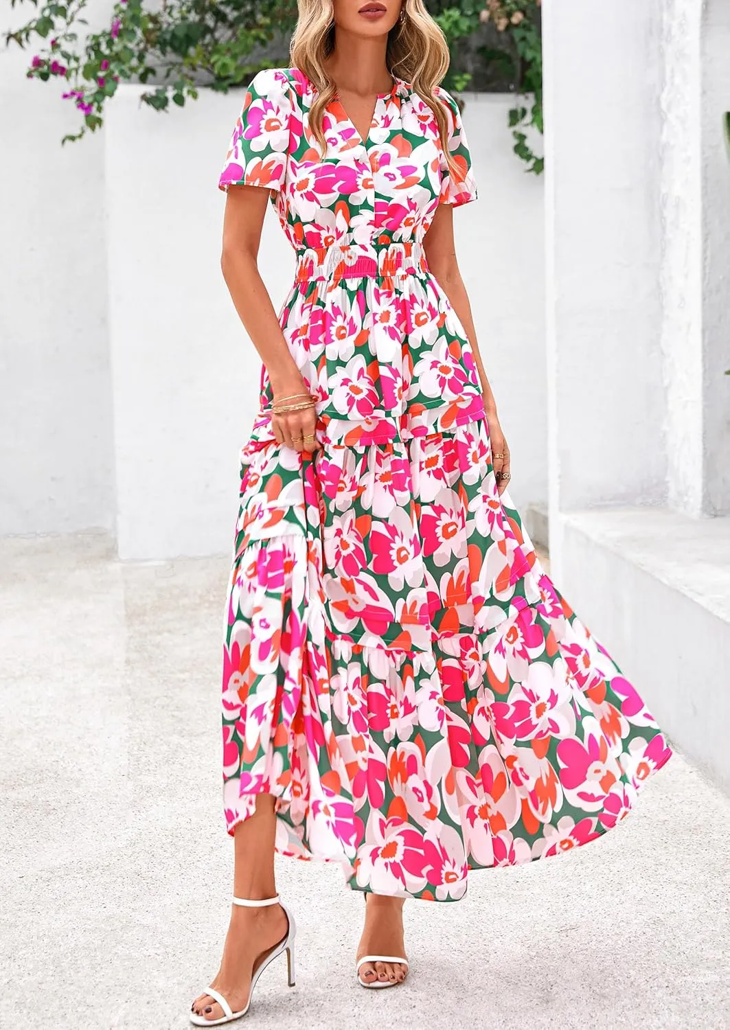 PRETTYGARDEN Women's 2025 Summer Boho Maxi Dresses Floral Short Sleeve V Neck A Line Tiered Flowy Long Beach Vacation Dress