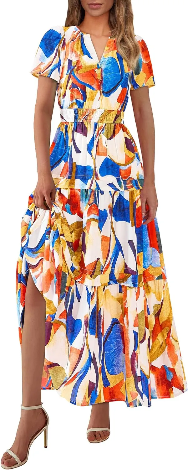 PRETTYGARDEN Women's 2025 Summer Boho Maxi Dresses Floral Short Sleeve V Neck A Line Tiered Flowy Long Beach Vacation Dress