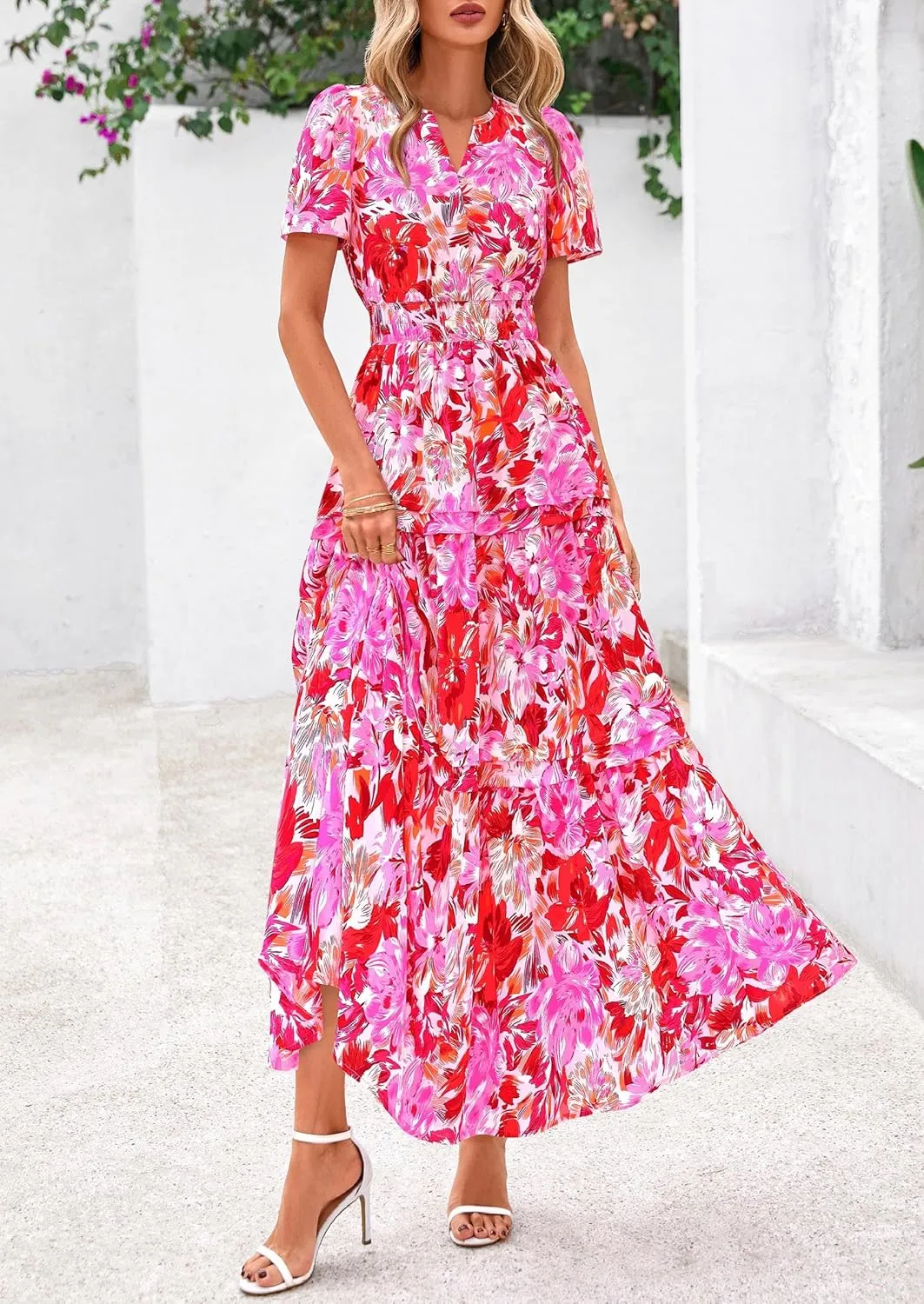 PRETTYGARDEN Women's 2025 Summer Boho Maxi Dresses Floral Short Sleeve V Neck A Line Tiered Flowy Long Beach Vacation Dress